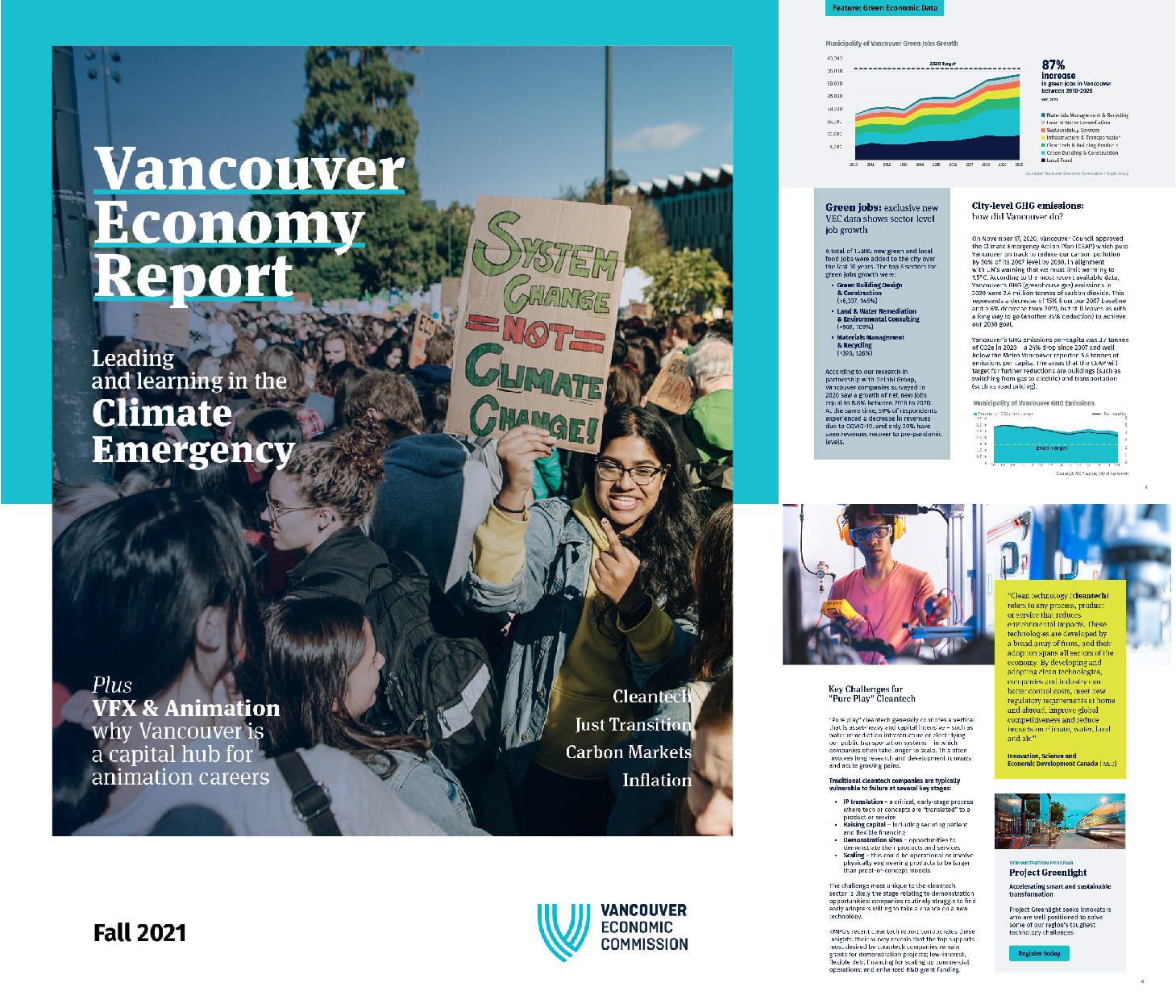 The cover of the Vancouver Economy Report October 2021 edition with screen shots of two of the inside pages