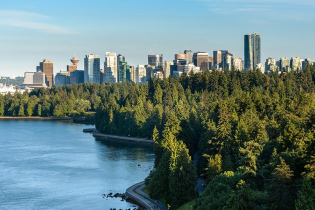 The Vancouver skyline is revealed behind the dense trees of Stanley Park